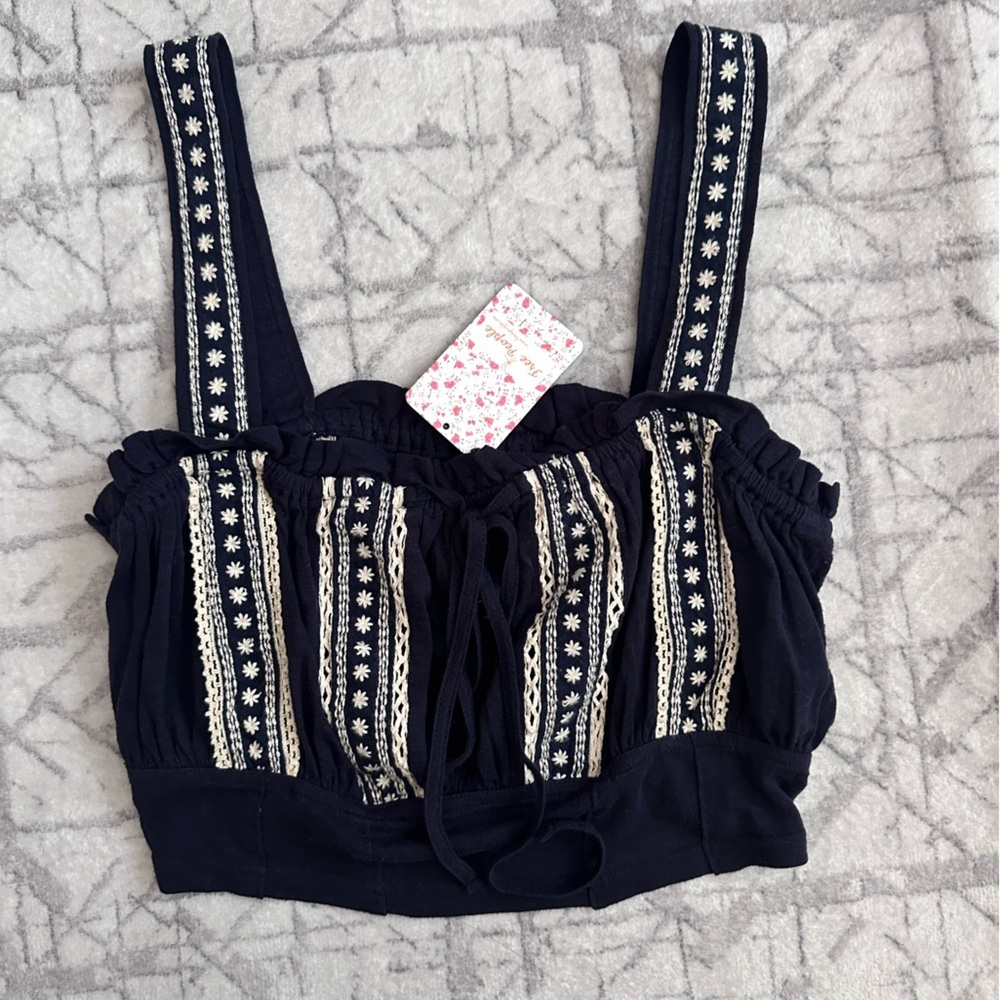 Free People Hill Top Crop Tank Navy Combo Boho Knit Cropped Top NWT - Picture 5 of 5